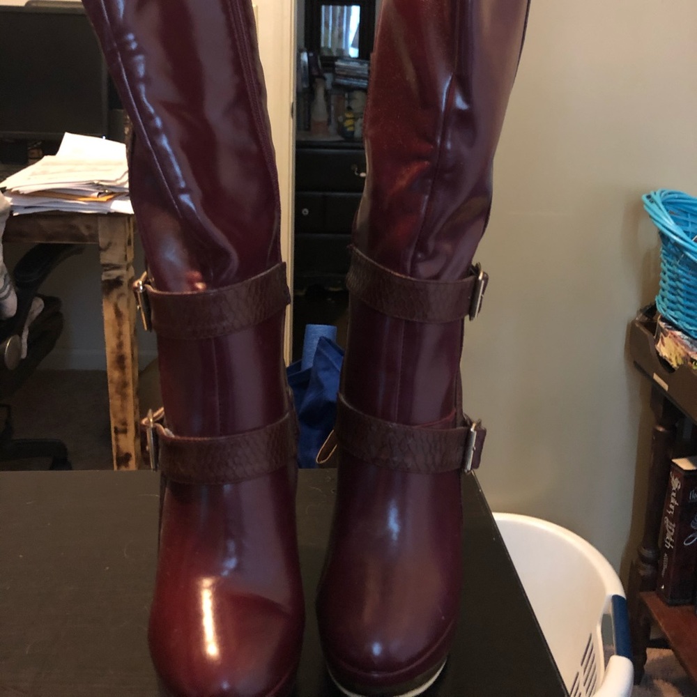 Wine red and gold knee high platform heeled boots